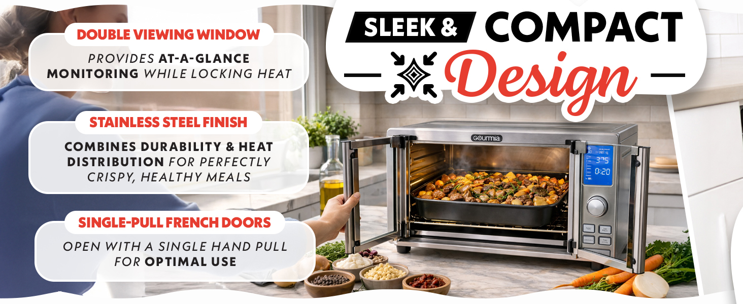 Gourmia Air Fryer French Door Toaster Oven - 6-Slice Capacity, LED Display with 14 Cooking Presets, Stainless Steel detail 8