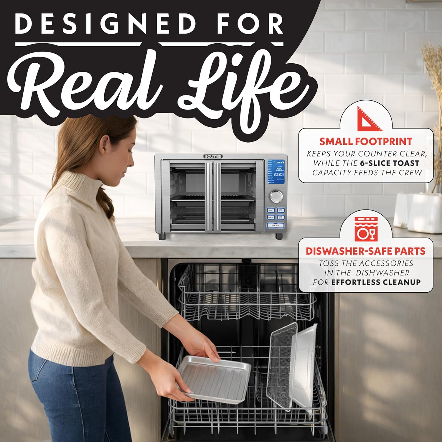 Gourmia Air Fryer French Door Toaster Oven - 6-Slice Capacity, LED Display with 14 Cooking Presets, Stainless Steel detail 17