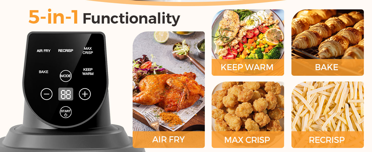 5-in-1 Glass Air Fryer for Healthy Oil-Free Cooking, Portable 1500W Countertop Cooker with 4QT & 6-Cup Glass Bowl, Non-Toxic Design & Dishwasher Safe for Single & Family Meals detail 1