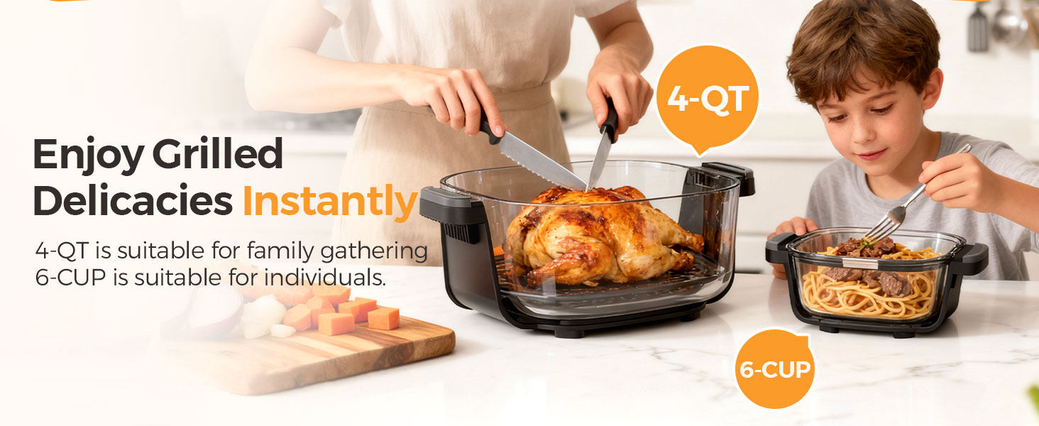 5-in-1 Glass Air Fryer for Healthy Oil-Free Cooking, Portable 1500W Countertop Cooker with 4QT & 6-Cup Glass Bowl, Non-Toxic Design & Dishwasher Safe for Single & Family Meals detail 3