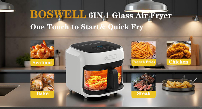 BOSWELL Glass Air Fryer, 7.5QT with Transparent Fry Bowl, Circulating Heating, Temperature Control, Air Fryer Roast, Dishwasher Safe (white) detail 1