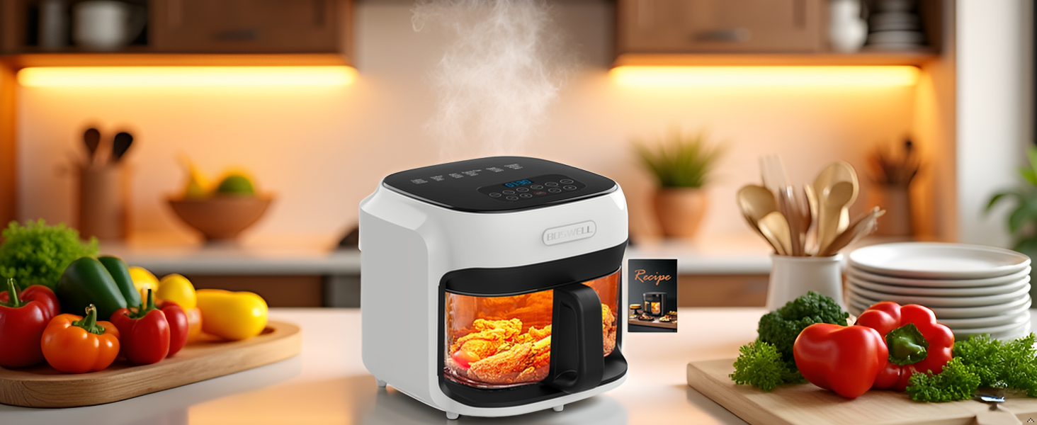 BOSWELL Glass Air Fryer, 7.5QT with Transparent Fry Bowl, Circulating Heating, Temperature Control, Air Fryer Roast, Dishwasher Safe (white) detail 3