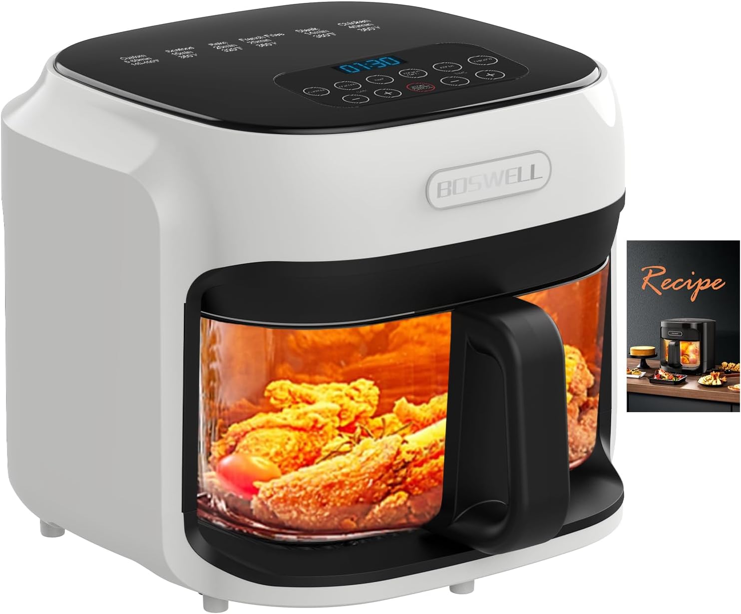 BOSWELL Glass Air Fryer, 7.5QT with Transparent Fry Bowl, Circulating Heating, Temperature Control, Air Fryer Roast, Dishwasher Safe (white) detail 9