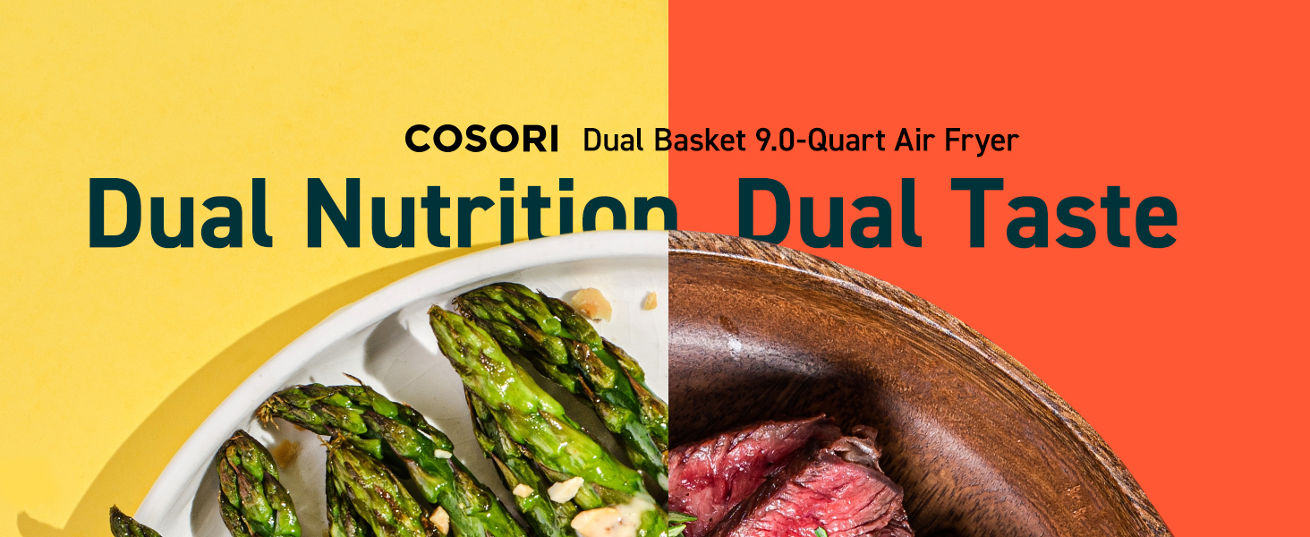 Cosori Dual Air Fryer 9Qt - 10-in-1, Fresh Balanced Meals for Family and Children with Double Baskets, Sync Cook & Finish to Bake, Roast, Reheat, Broil & 130 Recipes for Easy Cooking, Dishwasher Safe detail 1