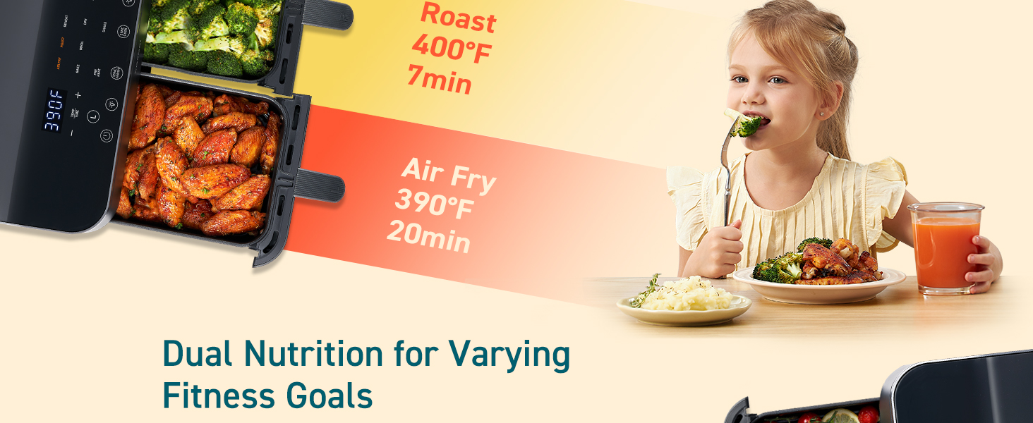 Cosori Dual Air Fryer 9Qt - 10-in-1, Fresh Balanced Meals for Family and Children with Double Baskets, Sync Cook & Finish to Bake, Roast, Reheat, Broil & 130 Recipes for Easy Cooking, Dishwasher Safe detail 3