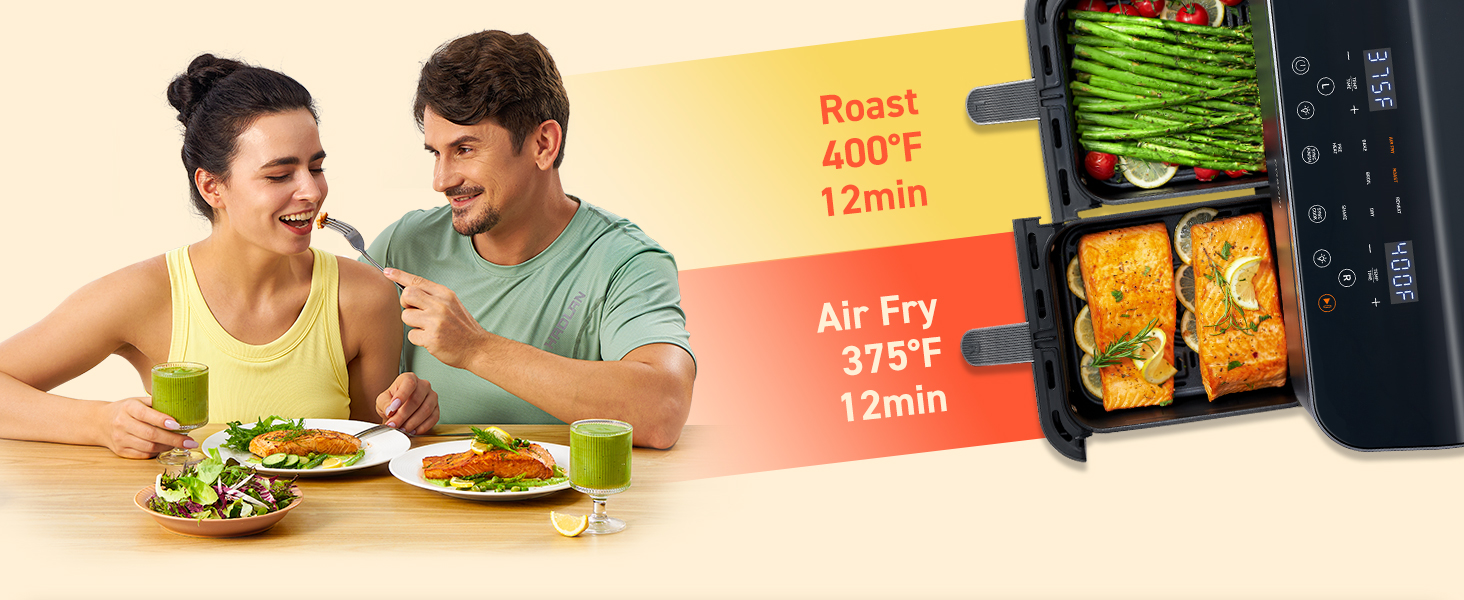 Cosori Dual Air Fryer 9Qt - 10-in-1, Fresh Balanced Meals for Family and Children with Double Baskets, Sync Cook & Finish to Bake, Roast, Reheat, Broil & 130 Recipes for Easy Cooking, Dishwasher Safe detail 4