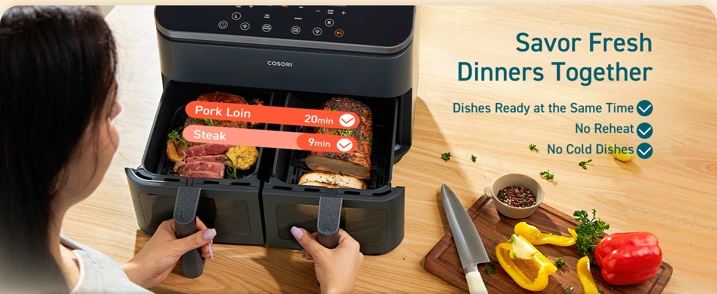 Cosori Dual Air Fryer 9Qt - 10-in-1, Fresh Balanced Meals for Family and Children with Double Baskets, Sync Cook & Finish to Bake, Roast, Reheat, Broil & 130 Recipes for Easy Cooking, Dishwasher Safe detail 5
