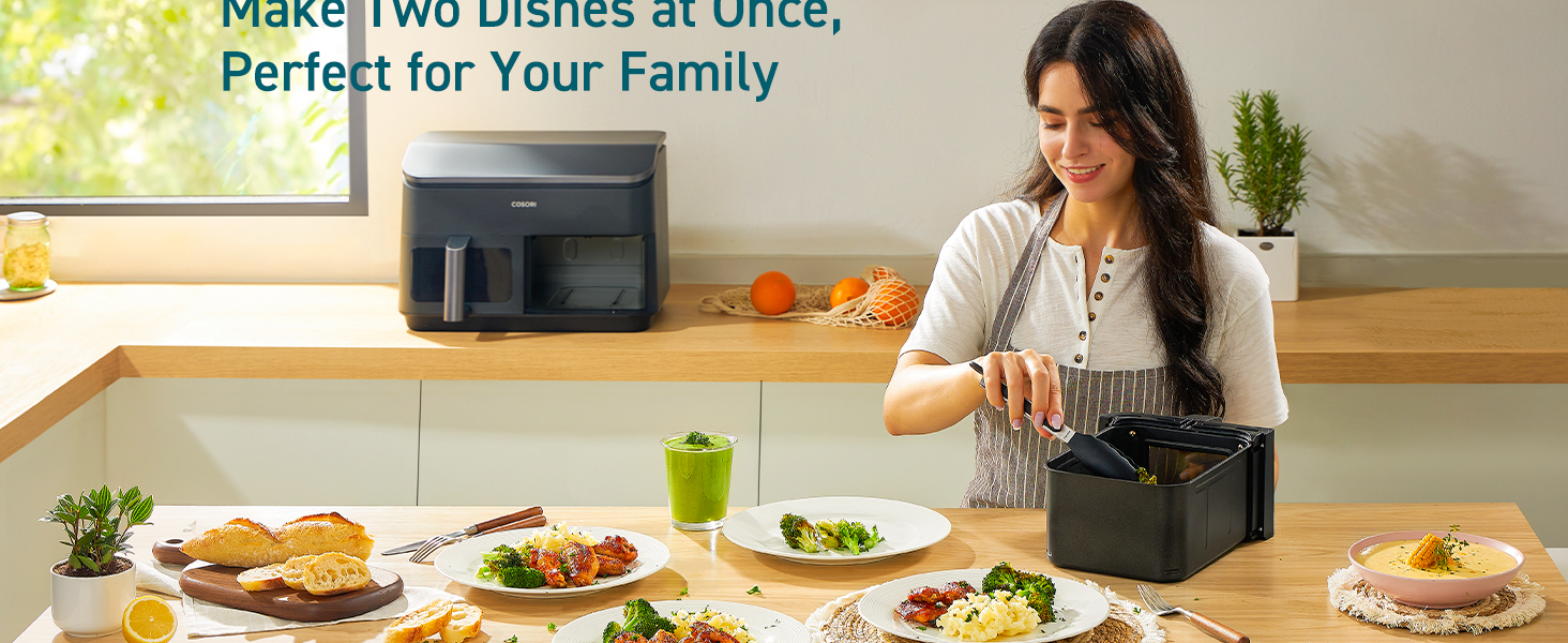 Cosori Dual Air Fryer 9Qt - 10-in-1, Fresh Balanced Meals for Family and Children with Double Baskets, Sync Cook & Finish to Bake, Roast, Reheat, Broil & 130 Recipes for Easy Cooking, Dishwasher Safe detail 9