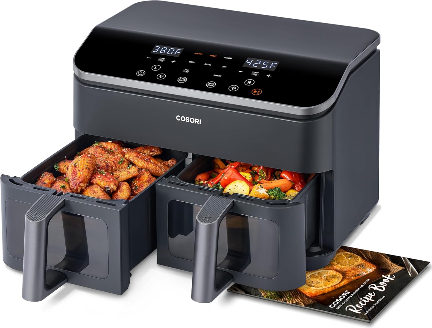Cosori Dual Air Fryer 9Qt - 10-in-1, Fresh Balanced Meals for Family and Children with Double Baskets, Sync Cook & Finish to Bake, Roast, Reheat, Broil & 130 Recipes for Easy Cooking, Dishwasher Safe detail 10