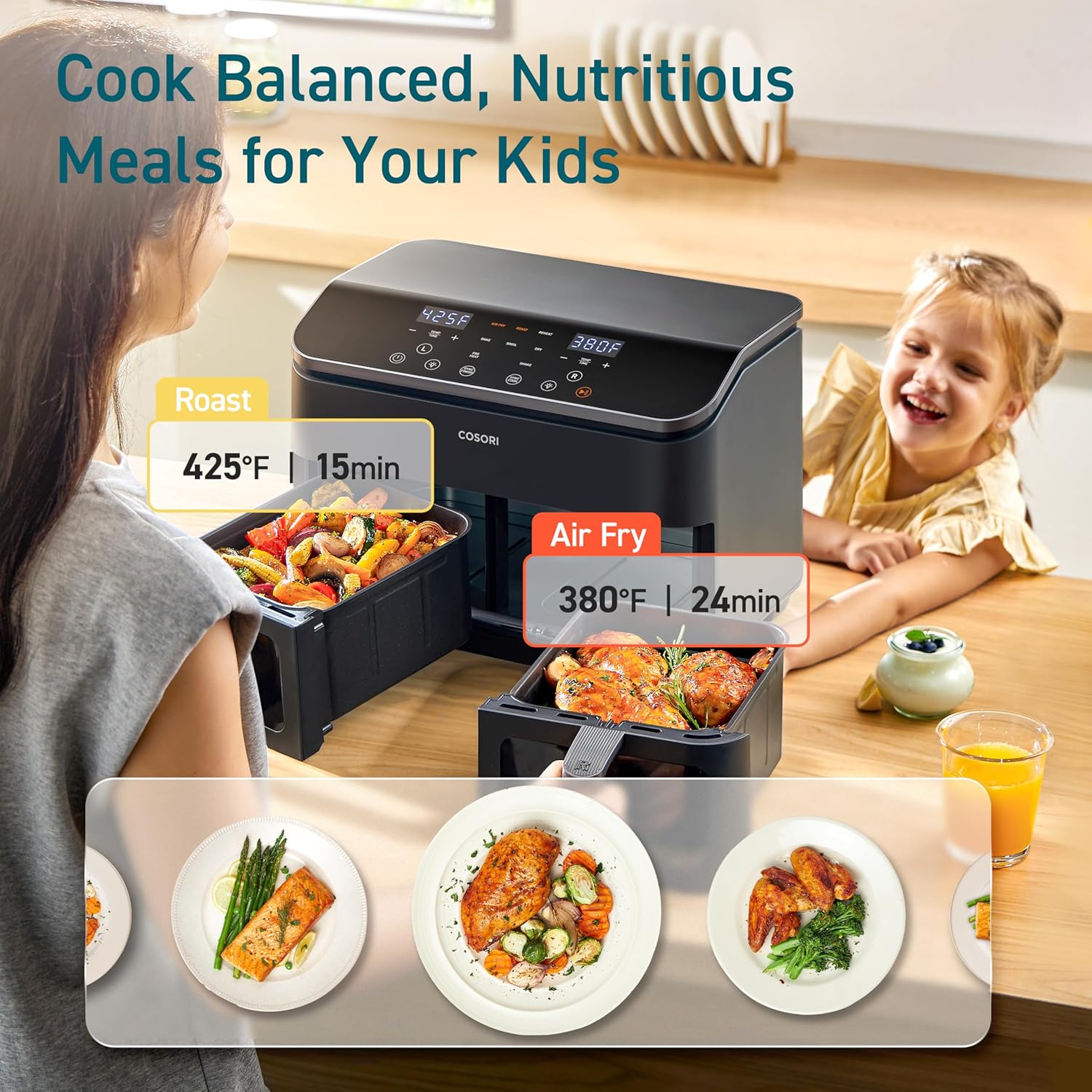 Cosori Dual Air Fryer 9Qt - 10-in-1, Fresh Balanced Meals for Family and Children with Double Baskets, Sync Cook & Finish to Bake, Roast, Reheat, Broil & 130 Recipes for Easy Cooking, Dishwasher Safe detail 11