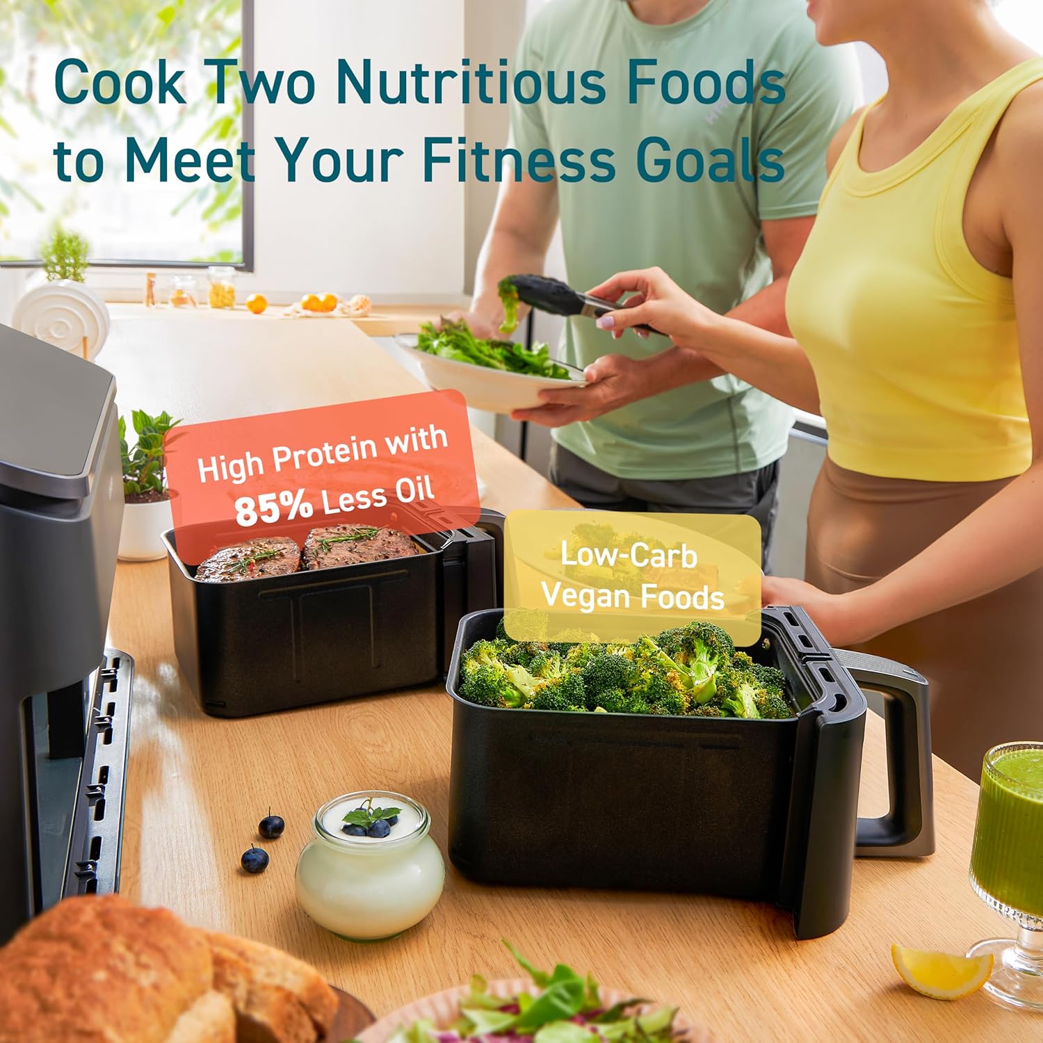 Cosori Dual Air Fryer 9Qt - 10-in-1, Fresh Balanced Meals for Family and Children with Double Baskets, Sync Cook & Finish to Bake, Roast, Reheat, Broil & 130 Recipes for Easy Cooking, Dishwasher Safe detail 12