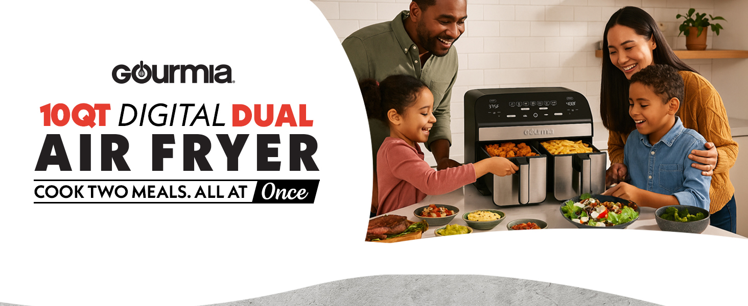 Gourmia Dual Basket Air Fryer - 10 Qt Large Capacity, FryForce360º, Digital Display with 7 Presets, Roast, Bake, Broil, Dehydrate, Match Cook, Sync Finish, Dishwasher Safe Accessories, Black detail 1