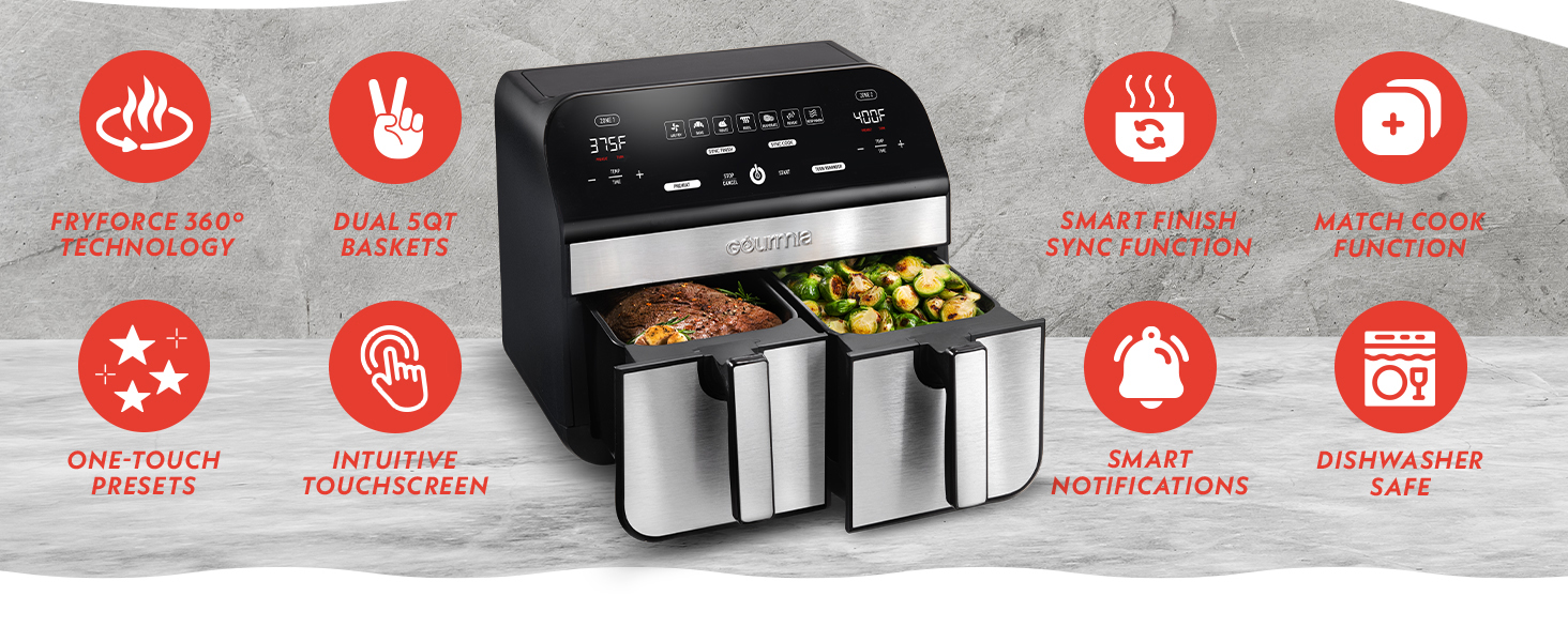 Gourmia Dual Basket Air Fryer - 10 Qt Large Capacity, FryForce360º, Digital Display with 7 Presets, Roast, Bake, Broil, Dehydrate, Match Cook, Sync Finish, Dishwasher Safe Accessories, Black detail 2