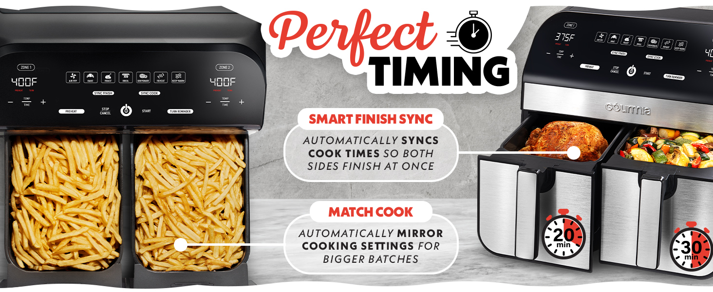 Gourmia Dual Basket Air Fryer - 10 Qt Large Capacity, FryForce360º, Digital Display with 7 Presets, Roast, Bake, Broil, Dehydrate, Match Cook, Sync Finish, Dishwasher Safe Accessories, Black detail 5