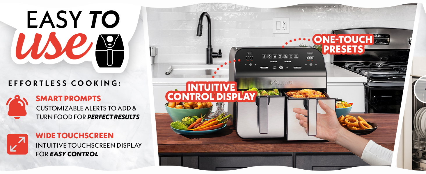 Gourmia Dual Basket Air Fryer - 10 Qt Large Capacity, FryForce360º, Digital Display with 7 Presets, Roast, Bake, Broil, Dehydrate, Match Cook, Sync Finish, Dishwasher Safe Accessories, Black detail 6