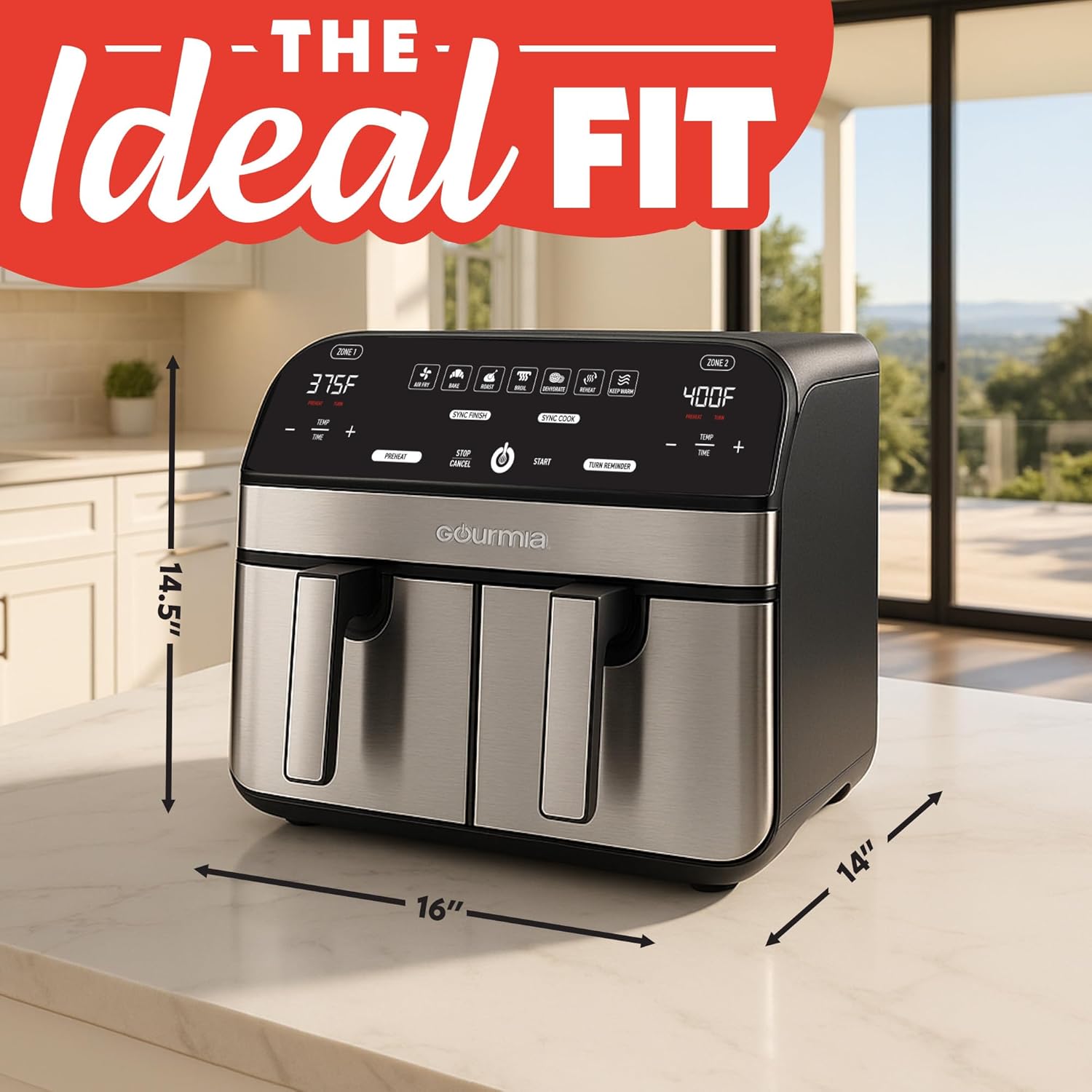 Gourmia Dual Basket Air Fryer - 10 Qt Large Capacity, FryForce360º, Digital Display with 7 Presets, Roast, Bake, Broil, Dehydrate, Match Cook, Sync Finish, Dishwasher Safe Accessories, Black detail 11