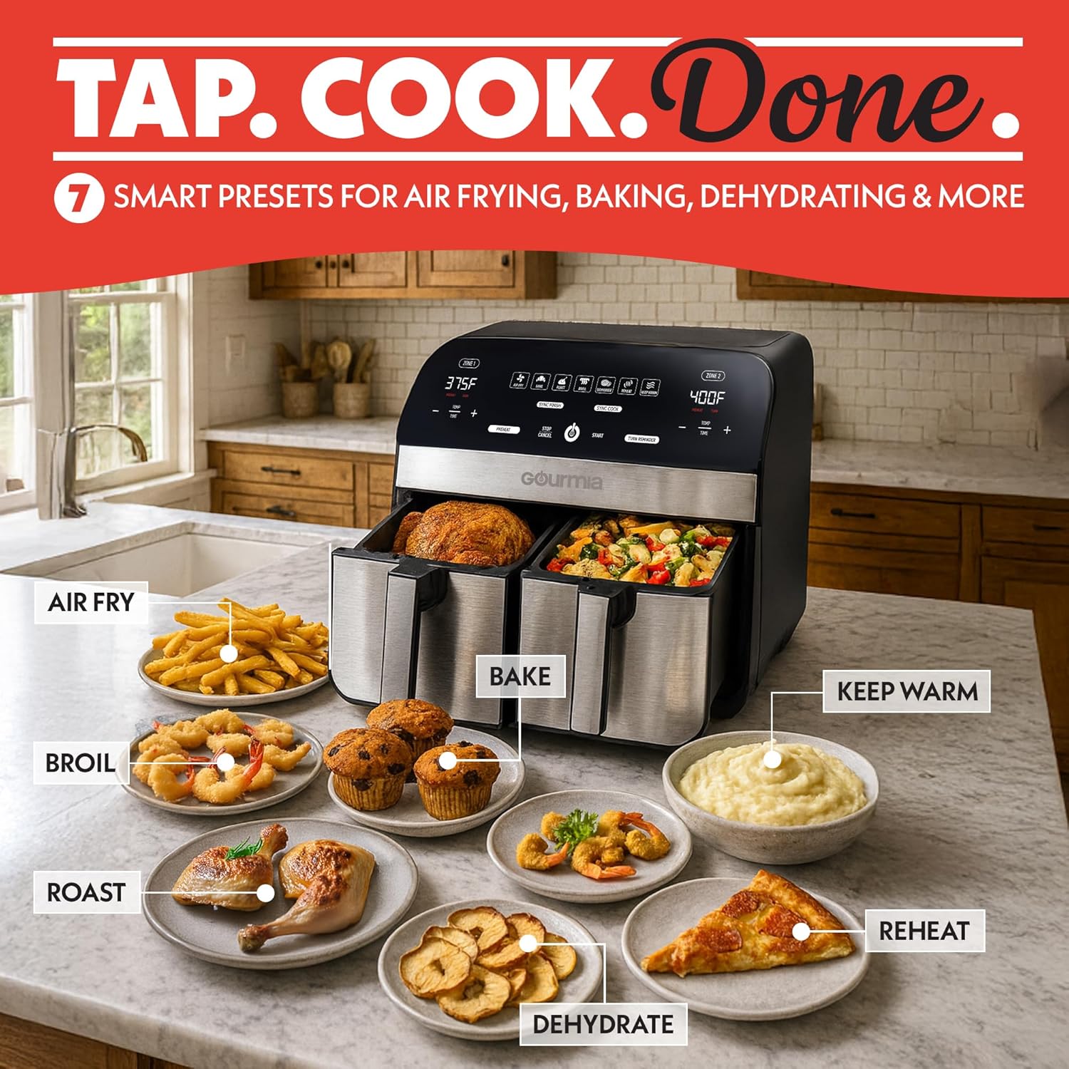 Gourmia Dual Basket Air Fryer - 10 Qt Large Capacity, FryForce360º, Digital Display with 7 Presets, Roast, Bake, Broil, Dehydrate, Match Cook, Sync Finish, Dishwasher Safe Accessories, Black detail 12