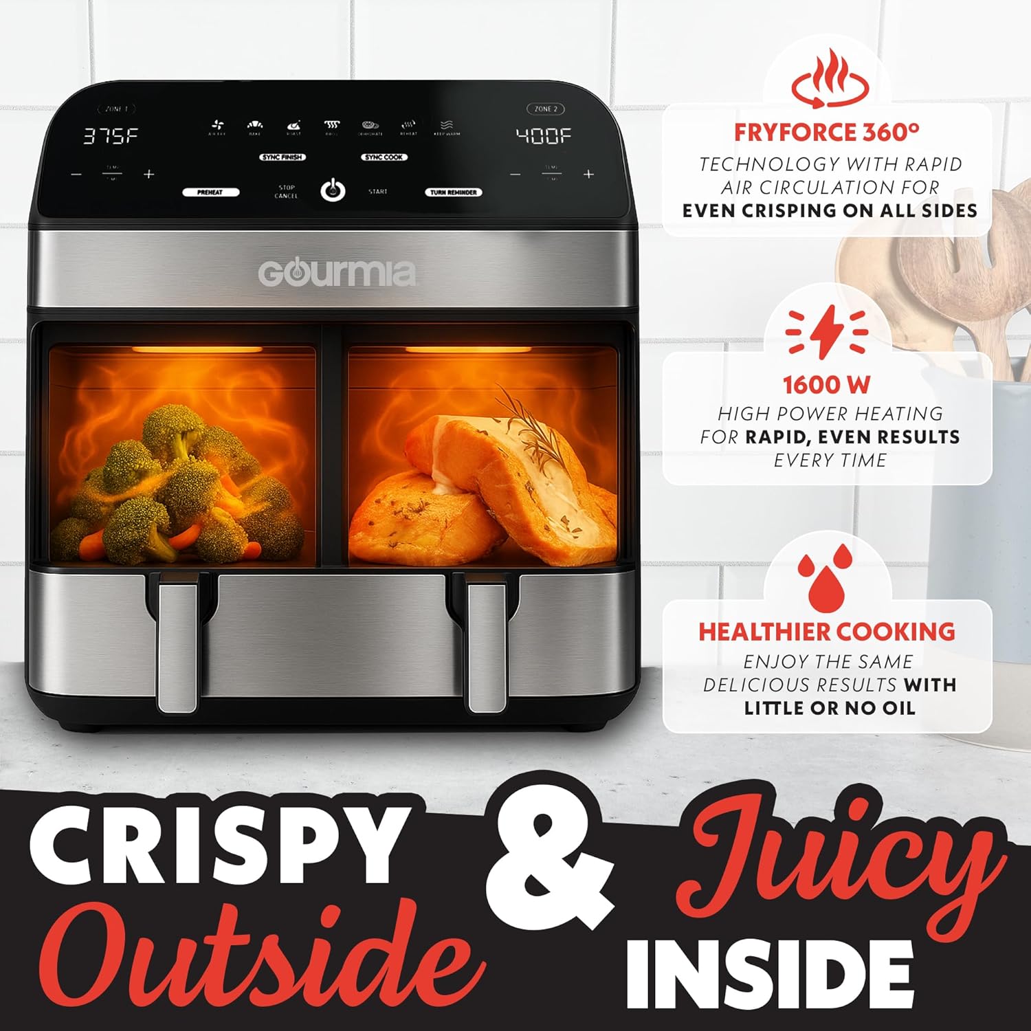 Gourmia Dual Basket Air Fryer - 10 Qt Large Capacity, FryForce360º, Digital Display with 7 Presets, Roast, Bake, Broil, Dehydrate, Match Cook, Sync Finish, Dishwasher Safe Accessories, Black detail 14