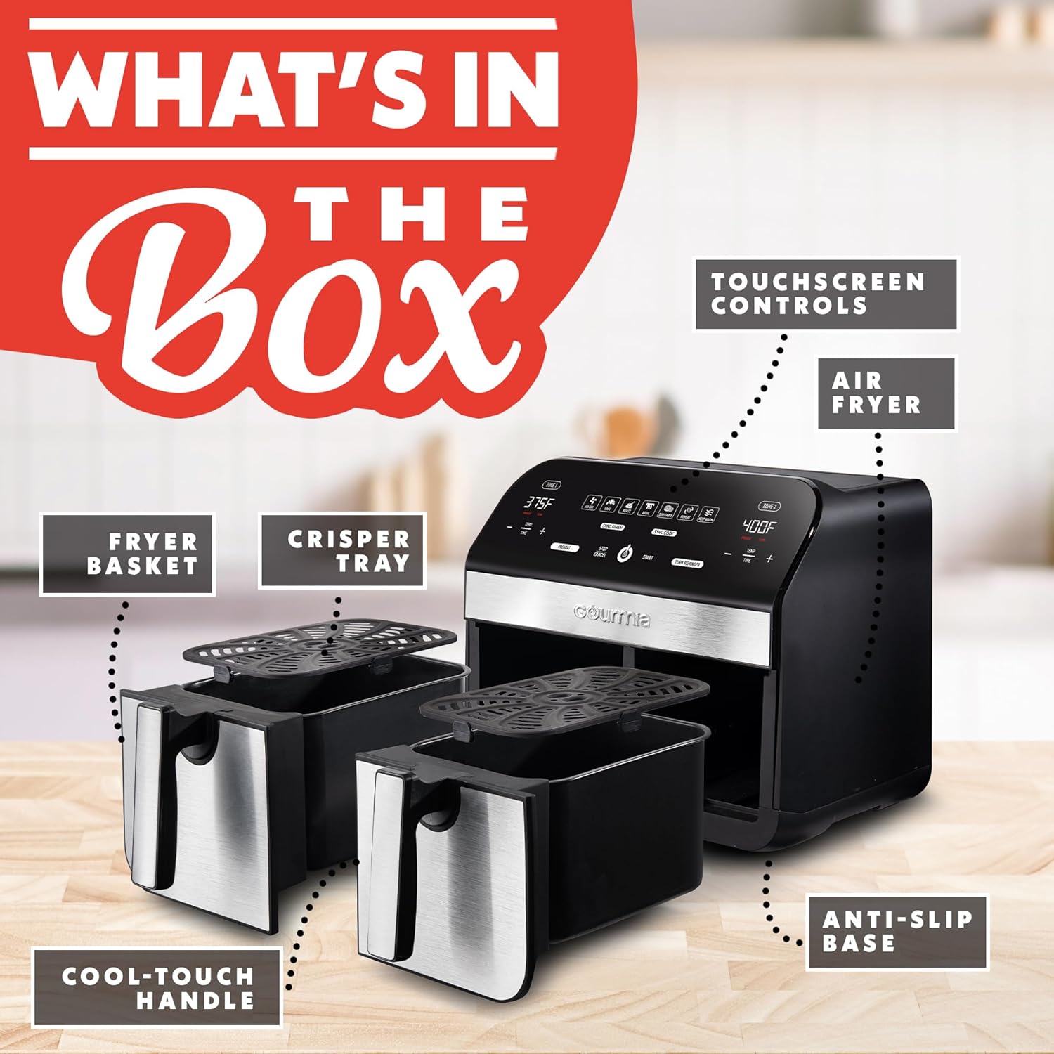 Gourmia Dual Basket Air Fryer - 10 Qt Large Capacity, FryForce360º, Digital Display with 7 Presets, Roast, Bake, Broil, Dehydrate, Match Cook, Sync Finish, Dishwasher Safe Accessories, Black detail 16