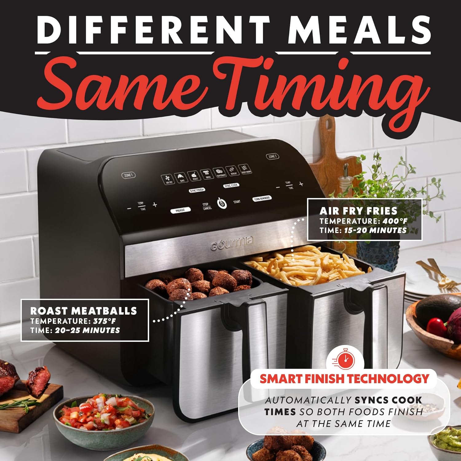 Gourmia Dual Basket Air Fryer - 10 Qt Large Capacity, FryForce360º, Digital Display with 7 Presets, Roast, Bake, Broil, Dehydrate, Match Cook, Sync Finish, Dishwasher Safe Accessories, Black detail 17