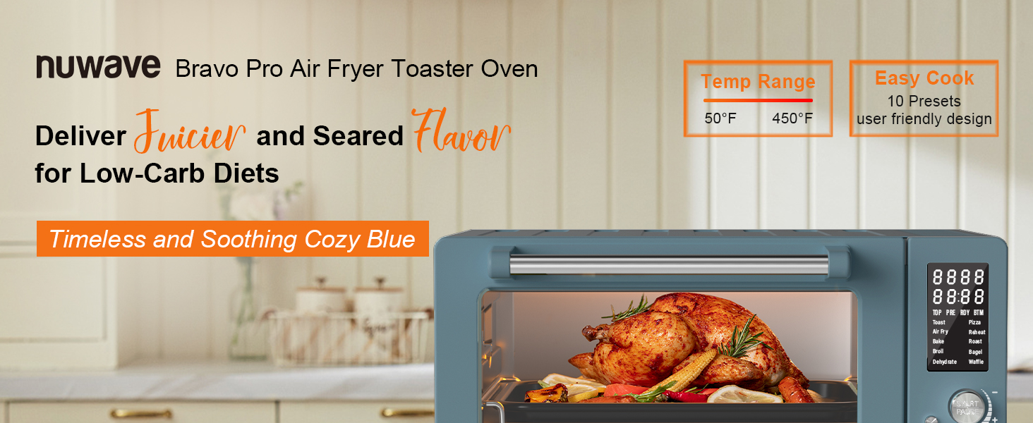 Nuwave Bravo Pro Smart Air Fryer Toaster Oven Combo, Airfryer Convection Oven Countertop, 10-in-1 Functions with Quicker & Even Crisp Technology, 1800W, 50-450°F, PFAS-Free, 21QT, Cozy Blue detail 1