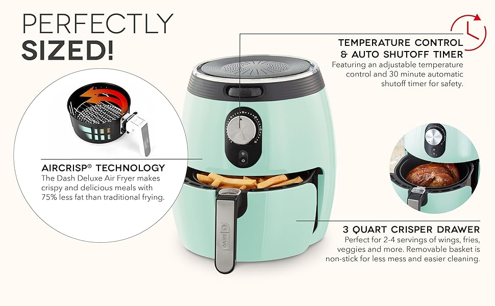 Dash Deluxe Air Fryer -Has AirCrisp® Technology - Adjustable Temperature Control & Auto Shut-Off Feature - Compact Nonstick Basket - 3 Quarts - Aqua detail 3