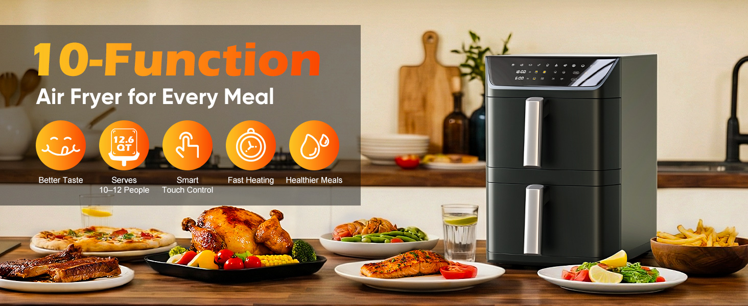 Dual Basket Air Fryer, 12.6QT Family-Size for 10-12 People, XL Basket for 6LB Whole Chicken, DoubleStack Compact Design, 10-in-1 Functions with Reheat, Dehydrate & SyncFinish, Dishwasher-Safe, Black detail 1