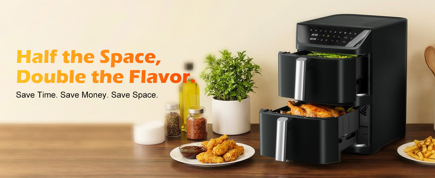 Dual Basket Air Fryer, 12.6QT Family-Size for 10-12 People, XL Basket for 6LB Whole Chicken, DoubleStack Compact Design, 10-in-1 Functions with Reheat, Dehydrate & SyncFinish, Dishwasher-Safe, Black detail 2
