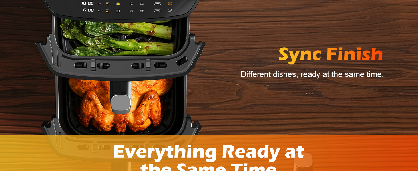 Dual Basket Air Fryer, 12.6QT Family-Size for 10-12 People, XL Basket for 6LB Whole Chicken, DoubleStack Compact Design, 10-in-1 Functions with Reheat, Dehydrate & SyncFinish, Dishwasher-Safe, Black detail 3