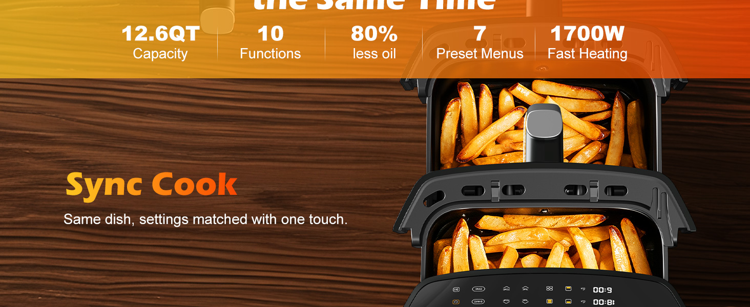 Dual Basket Air Fryer, 12.6QT Family-Size for 10-12 People, XL Basket for 6LB Whole Chicken, DoubleStack Compact Design, 10-in-1 Functions with Reheat, Dehydrate & SyncFinish, Dishwasher-Safe, Black detail 4