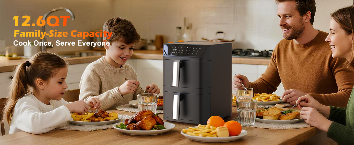Dual Basket Air Fryer, 12.6QT Family-Size for 10-12 People, XL Basket for 6LB Whole Chicken, DoubleStack Compact Design, 10-in-1 Functions with Reheat, Dehydrate & SyncFinish, Dishwasher-Safe, Black detail 6