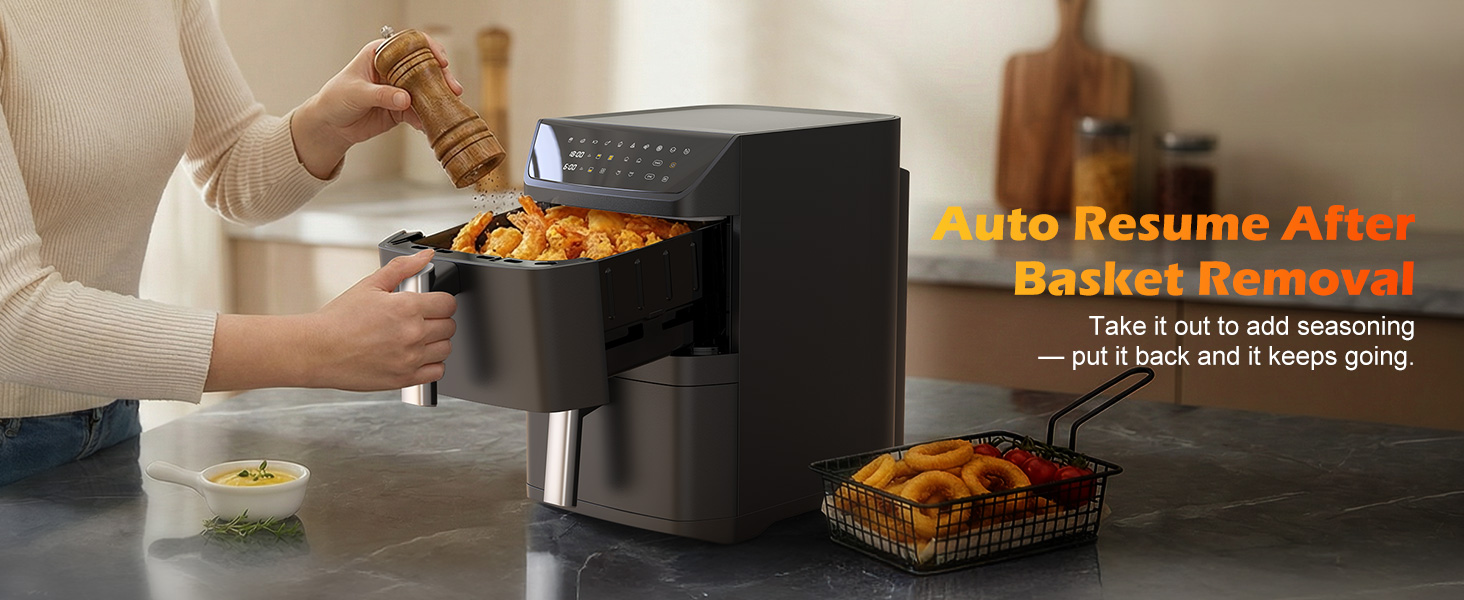 Dual Basket Air Fryer, 12.6QT Family-Size for 10-12 People, XL Basket for 6LB Whole Chicken, DoubleStack Compact Design, 10-in-1 Functions with Reheat, Dehydrate & SyncFinish, Dishwasher-Safe, Black detail 7