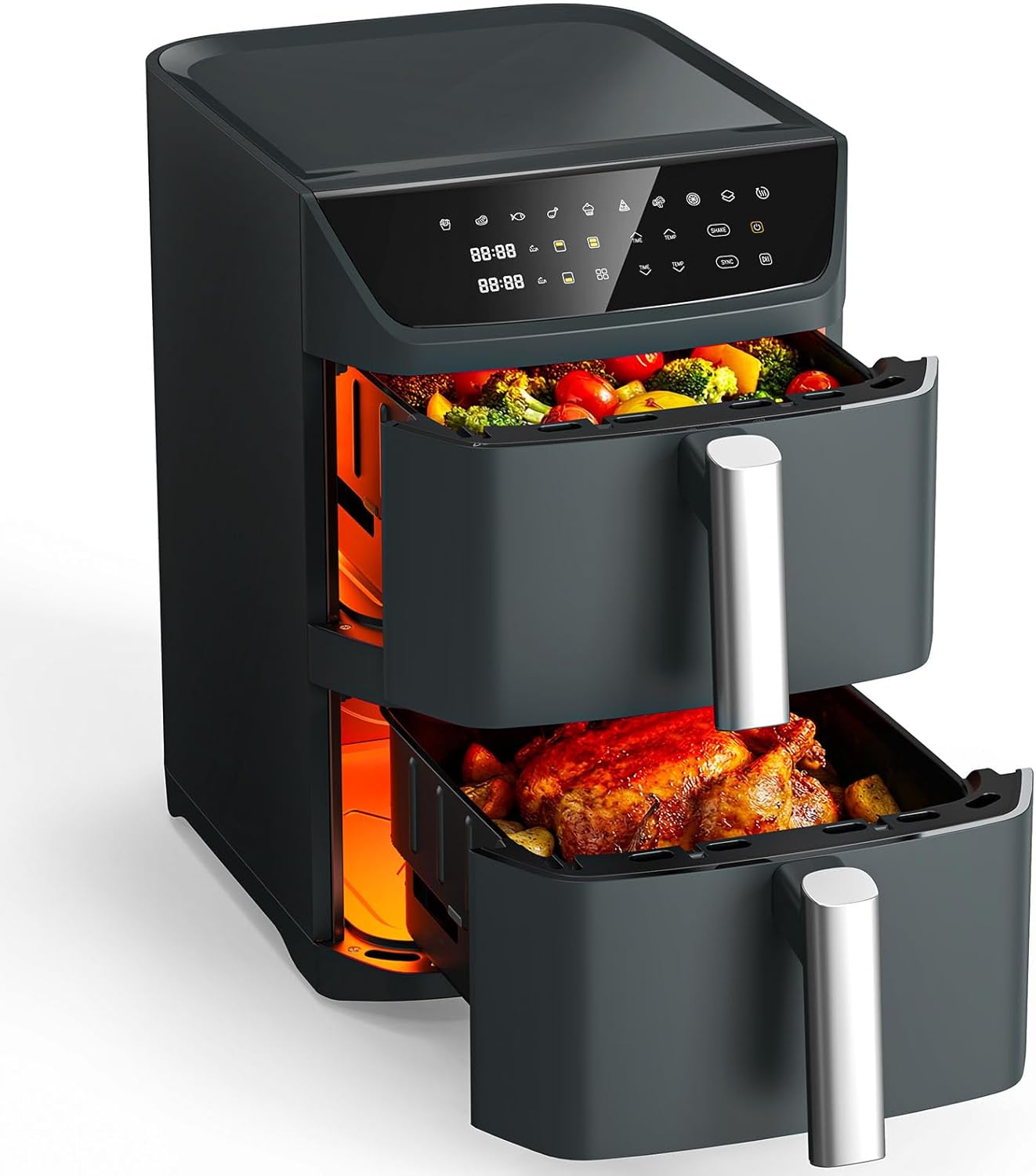 Dual Basket Air Fryer, 12.6QT Family-Size for 10-12 People, XL Basket for 6LB Whole Chicken, DoubleStack Compact Design, 10-in-1 Functions with Reheat, Dehydrate & SyncFinish, Dishwasher-Safe, Black detail 12