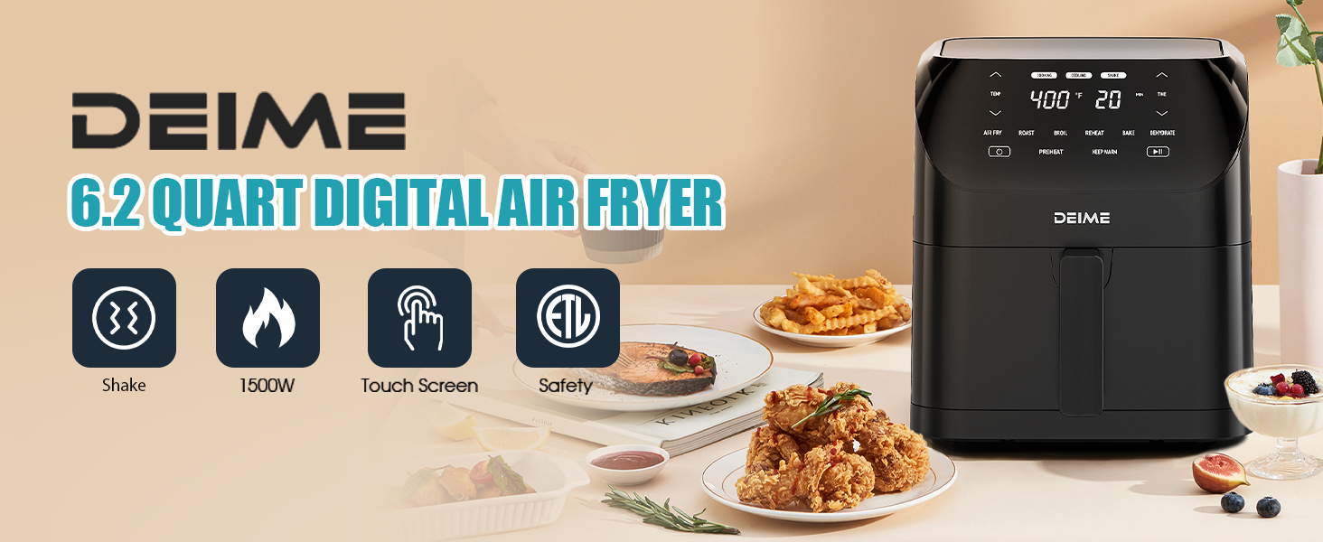 Air Fryer 6.2 QT Large Capacity Oilless Hot Air Fryers Oven 1500W Healthy Cooker with 8 Presets, Digital LCD Touch Screen, Non-Stick Basket, Included Recipe (Black-M) detail 1