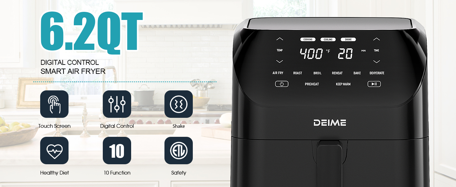 Air Fryer 6.2 QT Large Capacity Oilless Hot Air Fryers Oven 1500W Healthy Cooker with 8 Presets, Digital LCD Touch Screen, Non-Stick Basket, Included Recipe (Black-M) detail 2