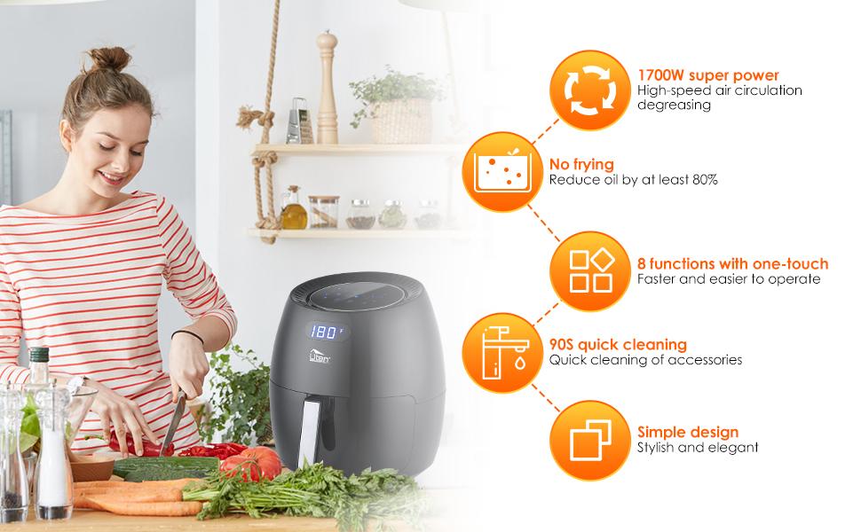 Air Fryer 6.9QT/6.5L, Uten 1700W High-power 8 in 1 Deep Frying Mode, Rapid Heating up, Non-Stick Oven, Oilless Cooking, Fast Heat up/Time Control, LED Digital Touchscreen, Black detail 2