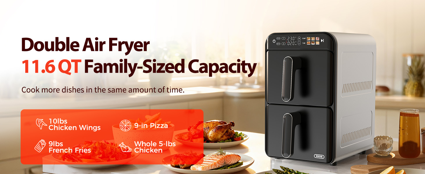 11.6QT Dual Basket Air Fryer Oven, Vertical 2-Basket Design, 6-in-1 Presets Function with Digital Touchscreen, Sync & Match, Easy to Clean, Dishwasher Safe, Family Meals detail 1