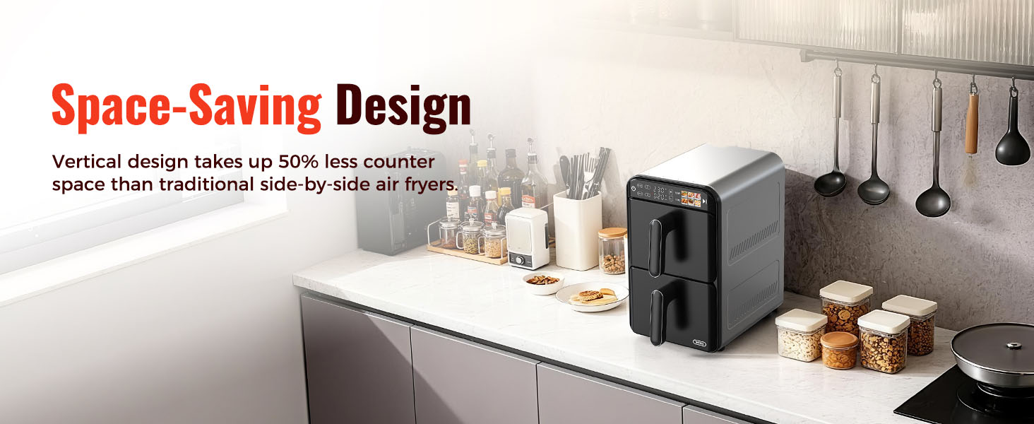11.6QT Dual Basket Air Fryer Oven, Vertical 2-Basket Design, 6-in-1 Presets Function with Digital Touchscreen, Sync & Match, Easy to Clean, Dishwasher Safe, Family Meals detail 2