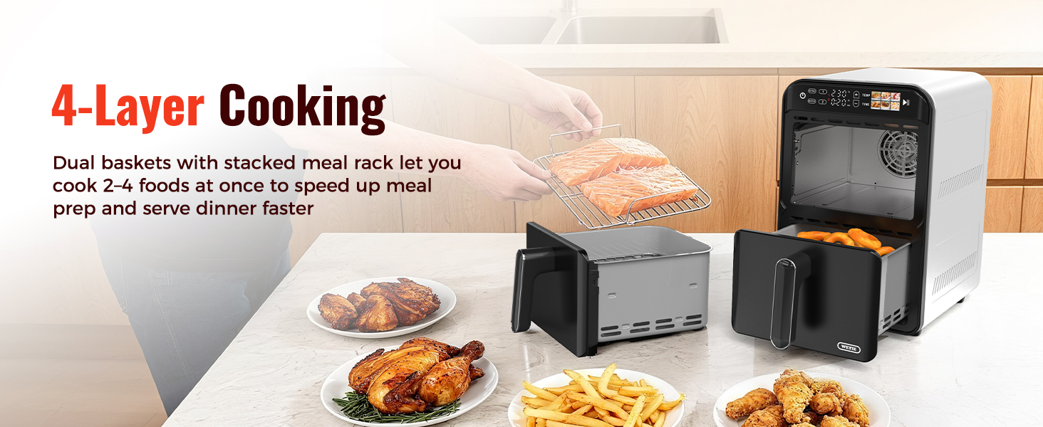11.6QT Dual Basket Air Fryer Oven, Vertical 2-Basket Design, 6-in-1 Presets Function with Digital Touchscreen, Sync & Match, Easy to Clean, Dishwasher Safe, Family Meals detail 3