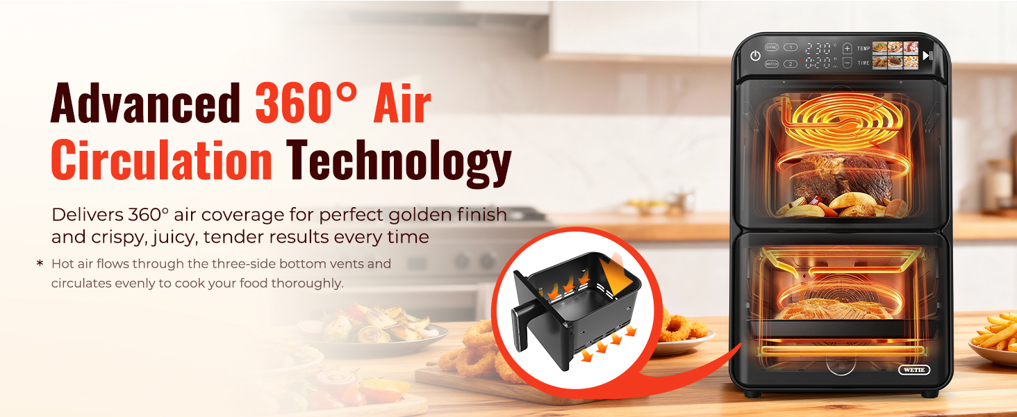 11.6QT Dual Basket Air Fryer Oven, Vertical 2-Basket Design, 6-in-1 Presets Function with Digital Touchscreen, Sync & Match, Easy to Clean, Dishwasher Safe, Family Meals detail 5
