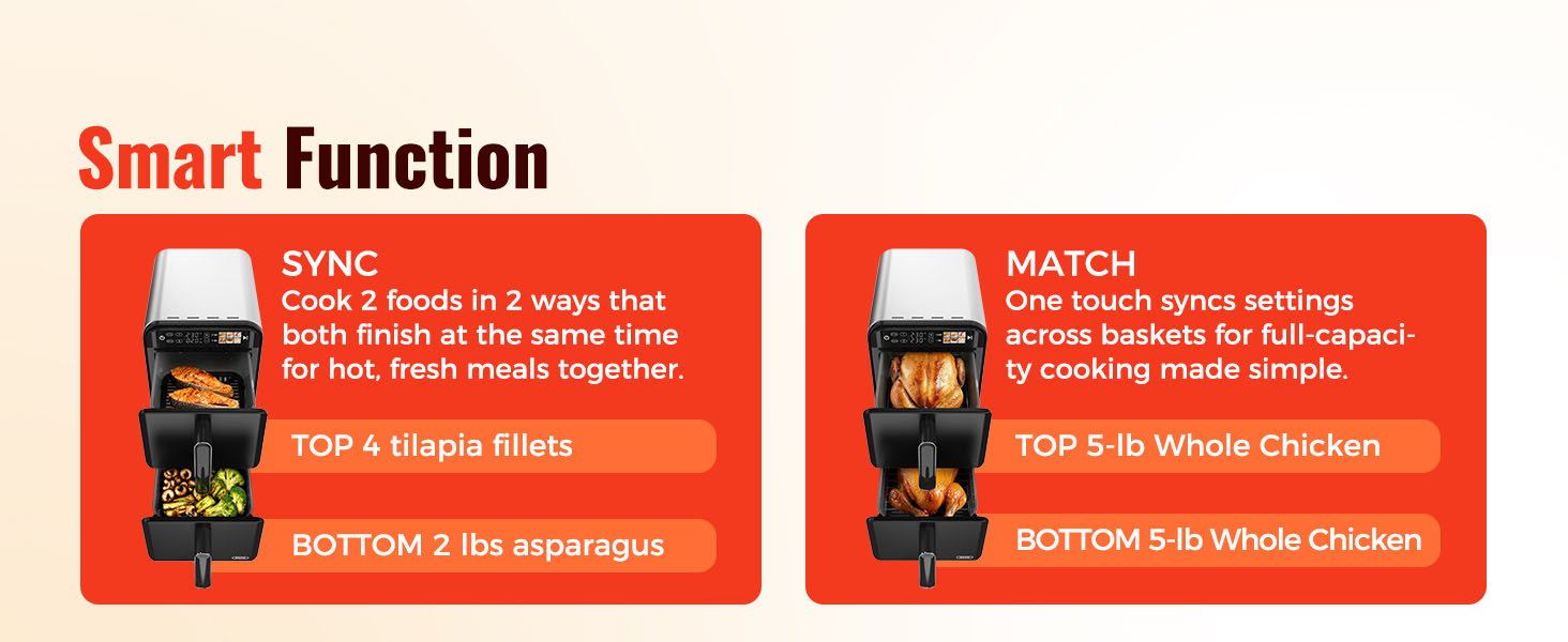 11.6QT Dual Basket Air Fryer Oven, Vertical 2-Basket Design, 6-in-1 Presets Function with Digital Touchscreen, Sync & Match, Easy to Clean, Dishwasher Safe, Family Meals detail 7