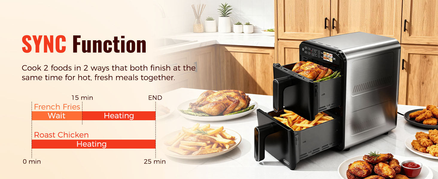 11.6QT Dual Basket Air Fryer Oven, Vertical 2-Basket Design, 6-in-1 Presets Function with Digital Touchscreen, Sync & Match, Easy to Clean, Dishwasher Safe, Family Meals detail 8