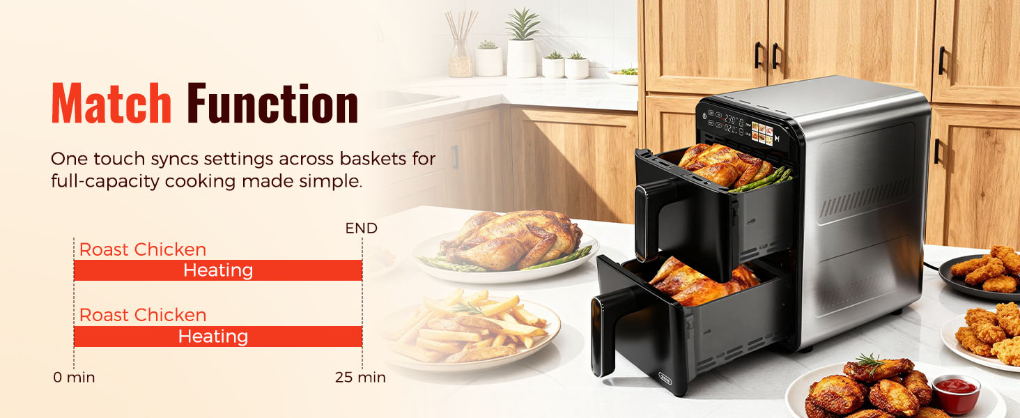 11.6QT Dual Basket Air Fryer Oven, Vertical 2-Basket Design, 6-in-1 Presets Function with Digital Touchscreen, Sync & Match, Easy to Clean, Dishwasher Safe, Family Meals detail 9