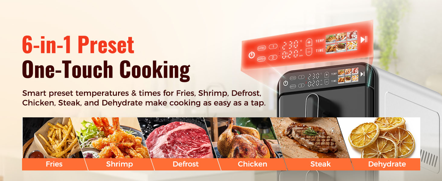 11.6QT Dual Basket Air Fryer Oven, Vertical 2-Basket Design, 6-in-1 Presets Function with Digital Touchscreen, Sync & Match, Easy to Clean, Dishwasher Safe, Family Meals detail 11