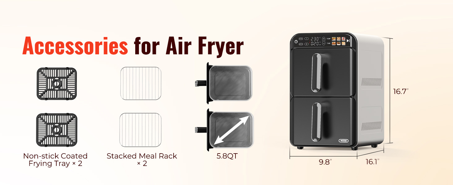 11.6QT Dual Basket Air Fryer Oven, Vertical 2-Basket Design, 6-in-1 Presets Function with Digital Touchscreen, Sync & Match, Easy to Clean, Dishwasher Safe, Family Meals detail 15