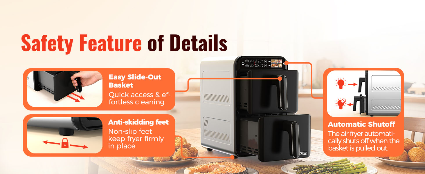 11.6QT Dual Basket Air Fryer Oven, Vertical 2-Basket Design, 6-in-1 Presets Function with Digital Touchscreen, Sync & Match, Easy to Clean, Dishwasher Safe, Family Meals detail 16