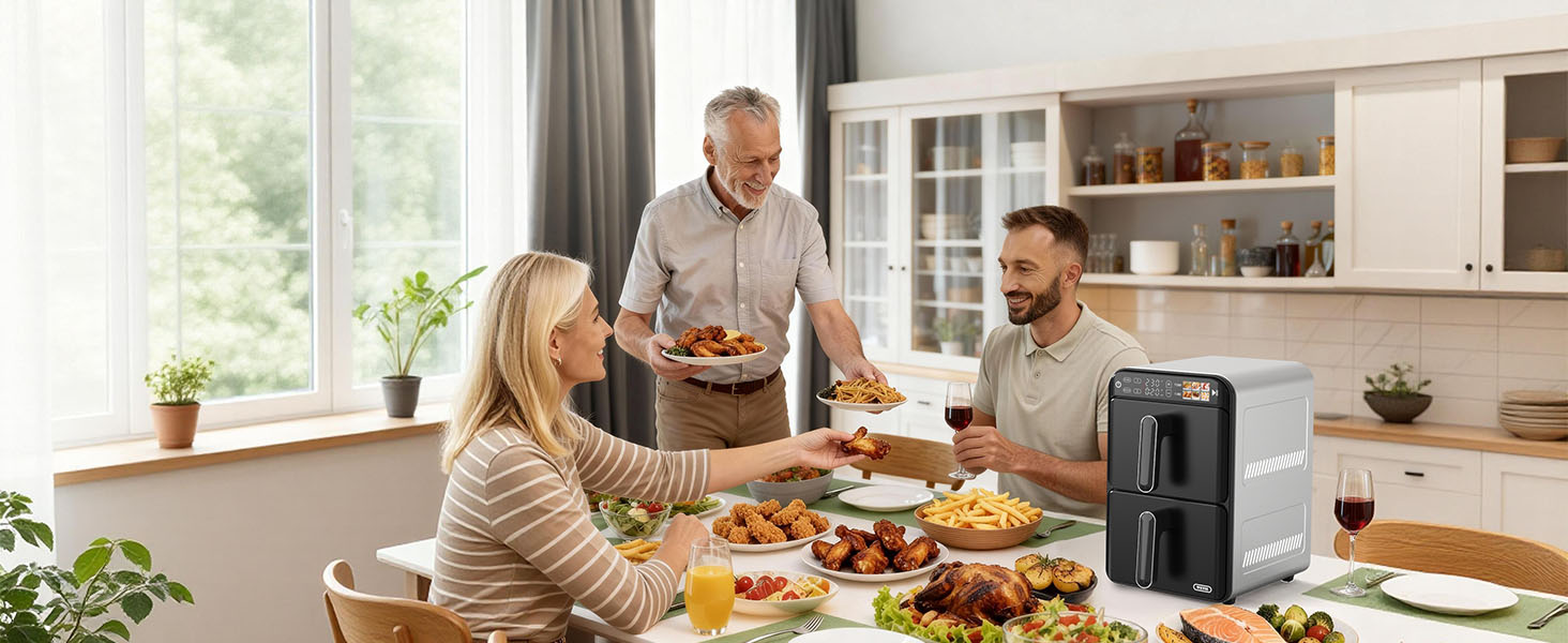 11.6QT Dual Basket Air Fryer Oven, Vertical 2-Basket Design, 6-in-1 Presets Function with Digital Touchscreen, Sync & Match, Easy to Clean, Dishwasher Safe, Family Meals detail 17