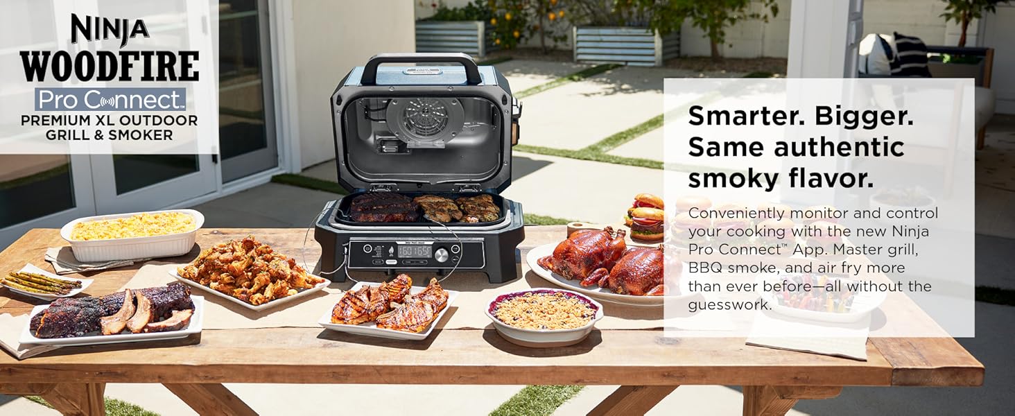Ninja Woodfire Pro Connect XL Outdoor Grill & Smoker | Bluetooth, App Enabled | 7-in-1 Grill, BBQ Smoker, Outdoor Air Fryer | Woodfire Technology | Built-In Thermometer | Black & Gold | OG951BK1 detail 1