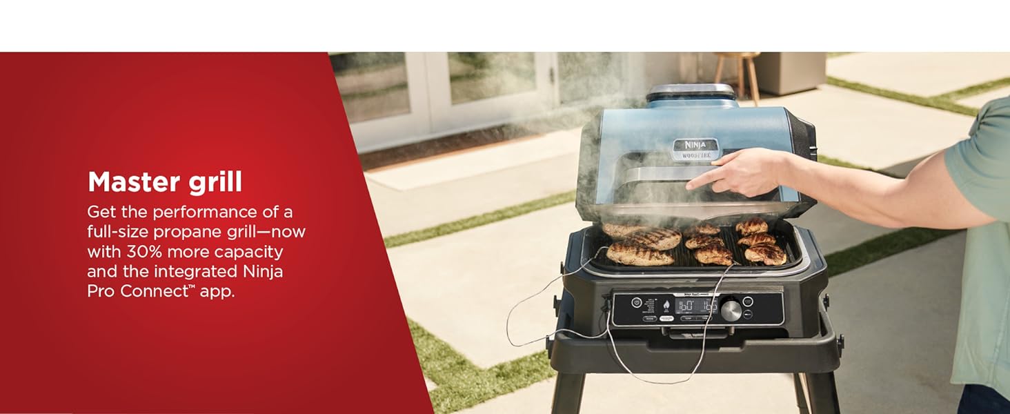 Ninja Woodfire Pro Connect XL Outdoor Grill & Smoker | Bluetooth, App Enabled | 7-in-1 Grill, BBQ Smoker, Outdoor Air Fryer | Woodfire Technology | Built-In Thermometer | Black & Gold | OG951BK1 detail 4