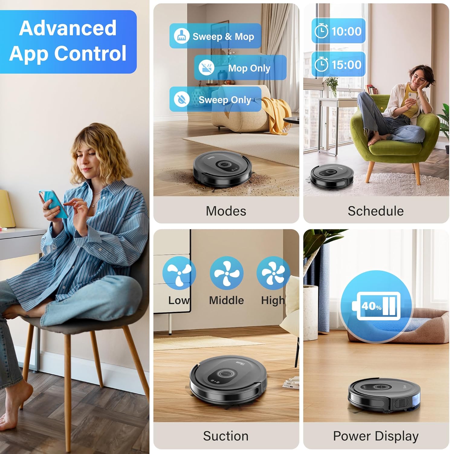 Tikom Robot Vacuum and Mop Combo, 5000Pa Robotic Vacuum Cleaner, 150 Min Max, - View 4